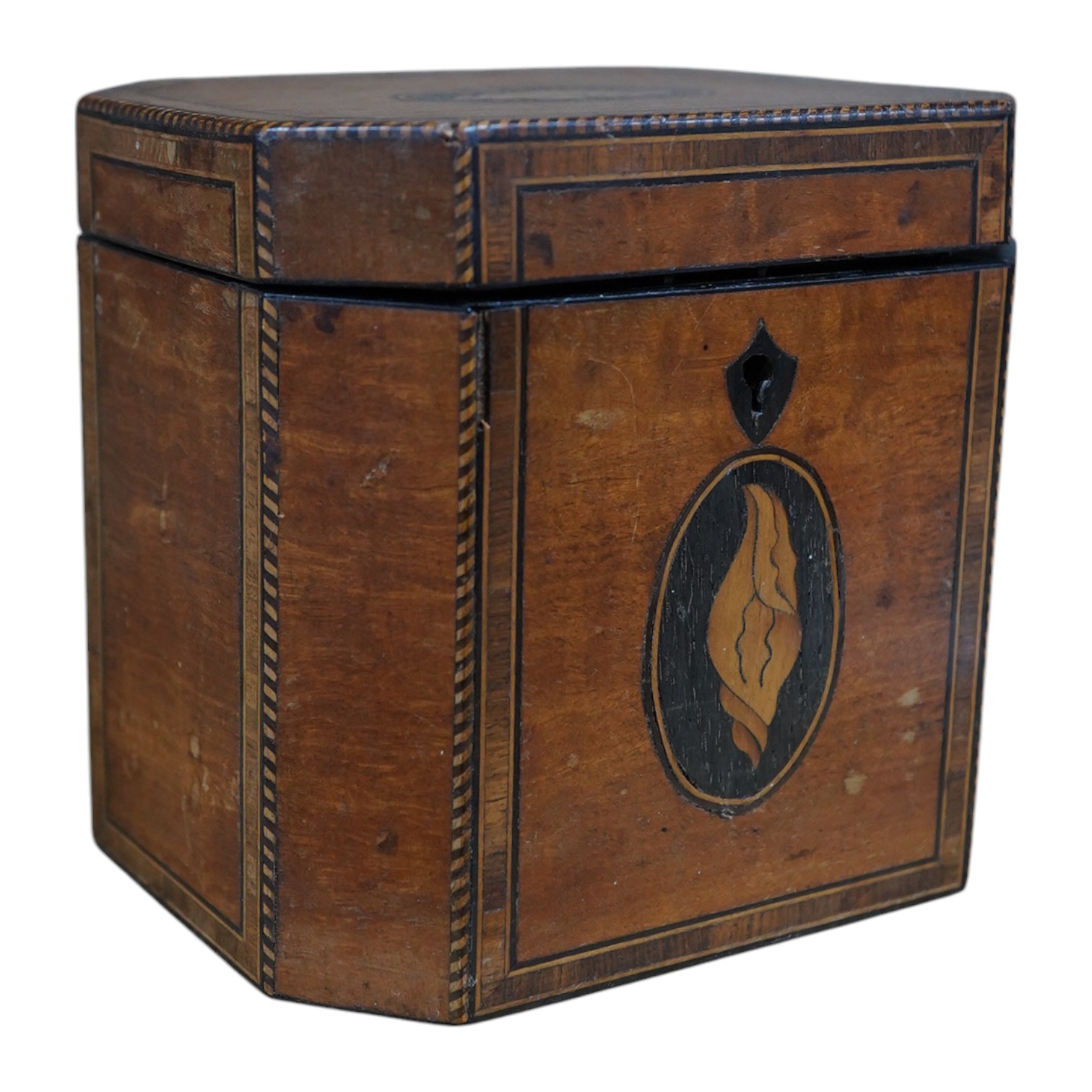 A George III Sheraton period octagonal West Indian satinwood and marquetry tea caddy, 12cm high. Condition - fair